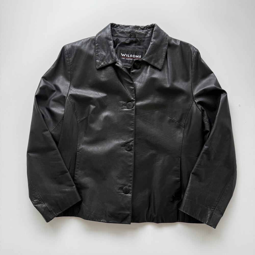 Wilsons Leather Jacket Womens Large Black Button Front Collared Lined Short